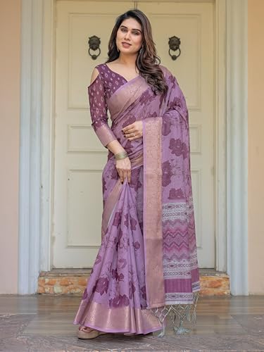 Image of ALMAARI FASHION Floral Printed Cotton Saree for Women with Handloom Zari Weave, Traditional Lightweight Ethnic Saree for Wedding Festive Office Party with Blouse Piece (LINEN 81-90 SH)
