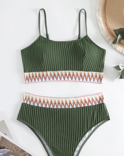 Image of Girls Swimsuit Two Piece Teen Bathing Suit High Waist Textured Bikini Set Woven Girls Swimwear 9-16Y