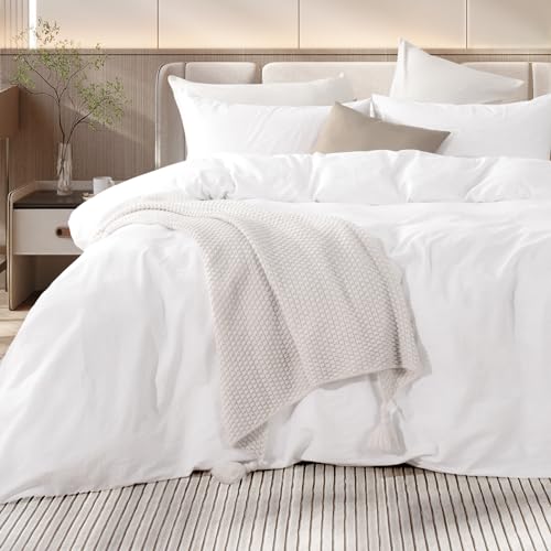 Image of NEXHOME PRO Cotton Duvet Cover Queen Size White, Organic Natural Linen Feel 100% Washed Cotton 3 Pieces Bedding Set with Zipper Closure & Corner Ties, Breathable(No Comforter)