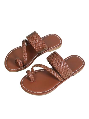 GORGLITTER Girl's Strappy Leather Flats Sandal Cute Braided Dressy Toe Ring Slip on Slide Sandals Brown 8