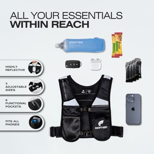 SWIFTVEST Running Vest for Women & Men with Water Bottle | Lightweight Hydration Vest | Reflective Running Gear | Adjustable Fit | 6 Pockets | Phone Holder for Runners