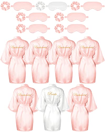 Jecery 21 Pcs Bridesmaid Robe Sets 7 Silk Satin Robe with 7 Sleeping Eye Mask 7 Elastic Headband Bride Wedding Bridal Party(White, Pink)