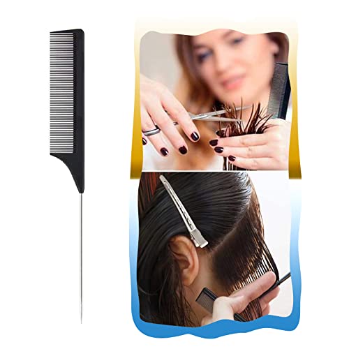 1 Pack Professional Stainless Steel Rat Tail Comb For Parting Hair, Pintail Hair Parting Comb With Metal Pick On The End, Black Anti Static Carbon Fiber Fine Tooth Pintail Comb Brush For Men And Women #TOP4