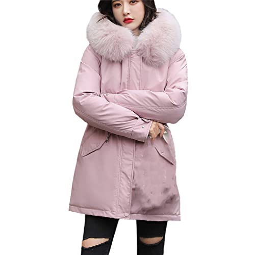 Doudoune rose XXL pour femme avec capuche en fourrure grand froid