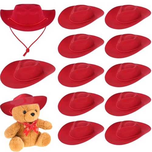 Xtinmee 12 Pcs Mini Cowboy Hats for Party Plastic Tiny Cowboy Hats Cute Miniature Decor for Craft Doll Western Party(Red)