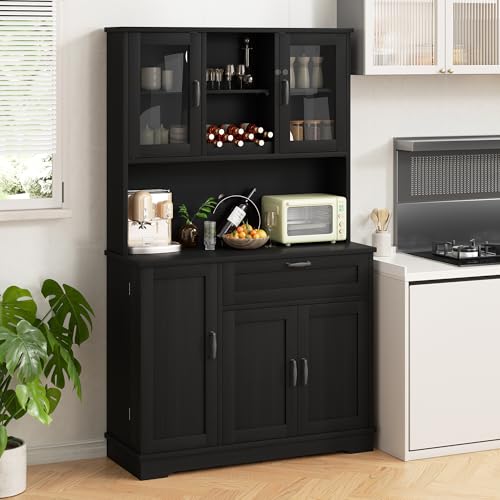 Image of Shintenchi Kitchen Pantry Storage Cabinet, Freestanding Buffet Cabinet with Microwave Stand & 3 Door Shelves, Kitchen Hutch with Doors, Adjustable Shelves and Wine Rack, Black