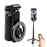 Control inalámbrico: El control remoto Bluetooth desmontable permite la fotografía con manos libres desde la distancia, mientras que la estable vara telescópica de aluminio y el soporte garantizan tomas tranquilas y nítidas