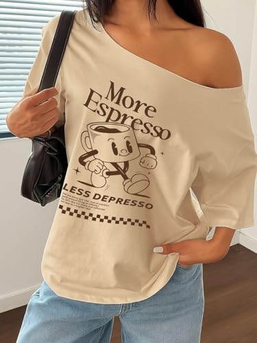 Image of SXV STYLE More Espresso Less Depresso Coffee Cup Print Off-Shoulder T-Shirt, Beige, Casual Graphic Design, Women's Loose Fit