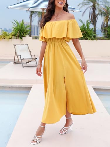 Image of CUPSHE Women Ruffle Floral Maxi Summer Dress Off Shoulder Short Sleeve Backless Flounce Bodice Slit Hem Beach Dresses