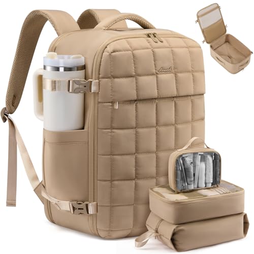 LOVEVOOK Large Travel Backpack for Women, TSA Carry on Backpacks for Airplanes, 40L Personal Item Travel Essentials Bag with 3 Packing Cubes, Waterproof Puffer Laptop Bag for Weekender Overnight Black