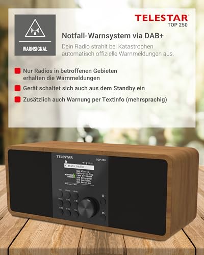 TELESTAR TOP 250 – DAB+/Internetradio (Stereo, 2 × 10 Watt, Bluetooth Audio-Streaming & Sendefunktion, USB-Aufnahme, Notfallwarnsystem, App-Steuerung) – Holz