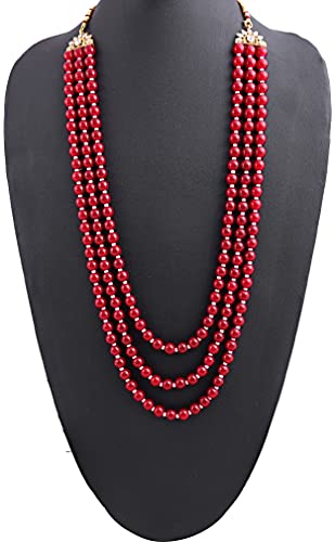 Raadhe Creation Men's Three Line Pearl Base Metal And Dulha Moti Mala Set Haar Necklace Sherwani Maroon #TOP1