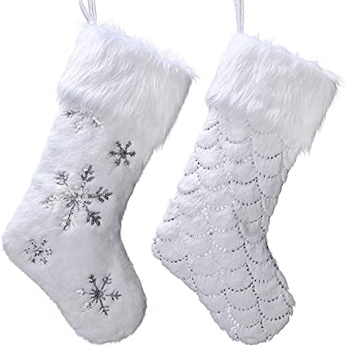 Valery Madelyn 2pcs 18inch/45cm Frozen Winter Silver and White Christmas Stockings with Greeting Card, Xmas Hanging Ornaments with Faux Fur Cuff, Snowflake and Scale Sequins for Xmas Gifts