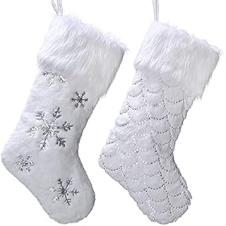 Valery Madelyn 2pcs 18inch/45cm Frozen Winter Silver and White Christmas Stockings with Greeting Card, Xmas Hanging Ornaments with Faux Fur Cuff, Snowflake and Scale Sequins for Xmas Gifts
