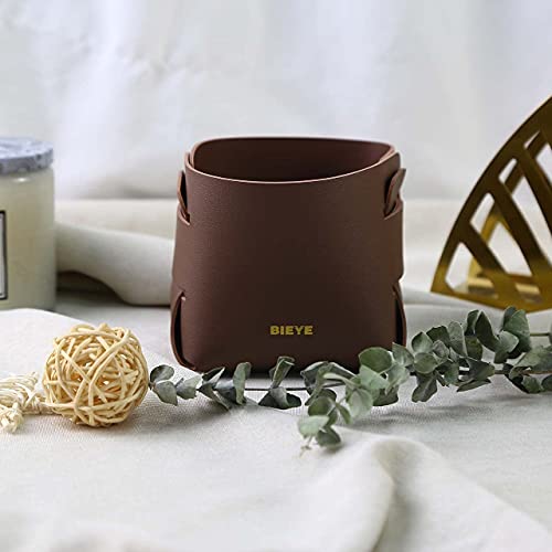 Bieye Collapsible Leather Storage Bin Decorative Desk Organizer For Jewelry Makeup Pen Pencil Glasses Remote Controller Storage (Brown, 4"Wx4"Lx4"H) #TOP2