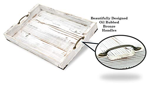 Boxwood Brothers Large 20 X 14 Inch Ottoman Tray, Distressed White Farmhouse, Solid Pine Serving Tray With Padded Feet And Bronze Handles #TOP1