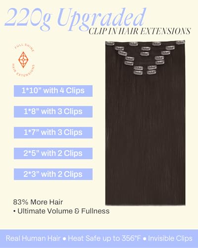 Image of Full Shine Dark Brown Thick Clip in Hair Extensions, 22 Inch 220g 7Pcs | Remy Human Hair Triple Weft Clip Ins for Full Volume, Glam Hairstyles, Special Occasions, Comfortable Wear