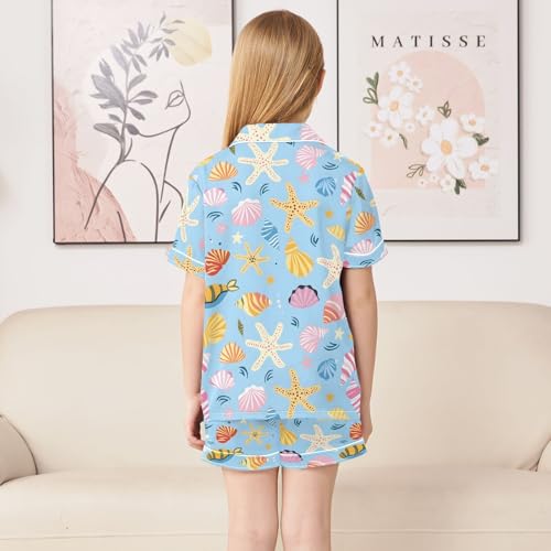 ALAZA Sea Seashell Starfish Blue Satin Pajamas Set Short Sleeve Button Down Sleepwear Summer Pjs 2 Piece4