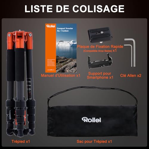 Rollei Trepied Appareil Photo Voyage Rollei Compact Traveler No.1 Carbone 145cm avec Téléphone Support Trépied Portable pour Nikon Sony Canon DSLR Trepied Appareil Photo Voyage Tripod - vue 10