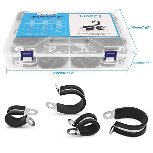 Peromi 140Pcs 304 Stainless Steel Cable Clamps Assortment Kit, Rubber Cushioned Insulated Clamp, Loop Clamps, Pipe Clamps In 14 Sizes 1/4" 3/4" 3/8" 5/8" 7/8" 1/2" 1" #TOP5