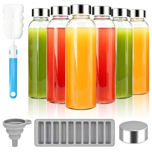 6 Pack Glass Bottles with Lids 500ml Clear Glass Juice Bottles Reusable Leakproof Bottle with Stainless Steel Airtight Lid Cleaning Brush Funnel Ice Stick Tray for Water Milk Juice and Smoothies