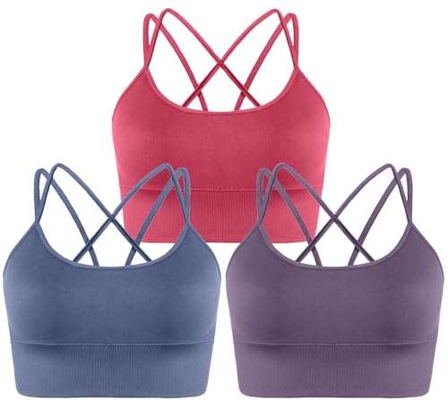 Memoryee Sujetadores Deportivos Mujeres Acolchado Cruzado Volver Strappy Sin Aros Push Up Impacto Medio Chaleco Crop Top para Correr Yoga Danza Multicolor3 L