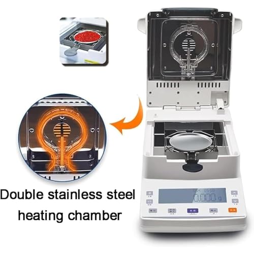 Analizzatore di umidità alogeno, capacità 110 g, gamma di riscaldamento 40-199 °C, timer da 1 a 99 min, per laboratori alimentari, cereali, suolo, prodotti chimici e farmaceutici