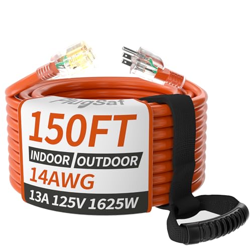 14 Gauge Orange Outdoor Extension Cord 150 ft Waterproof with Lighted Indicator, Cold Weatherproof -40°C, Flexible 3 Prong Extension Cord Outside, 13A 1625W 14AWG SJTW, ETL Listed