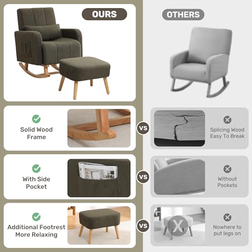 Image of Rocking Nursing Chair with Ottoman, Upholstered Glider Rocker Armchair with High Backrest and Side Pocket, Comfy Reading Chair with Solid Wood Legs for Nursery, Living Room,Bedroom, Green