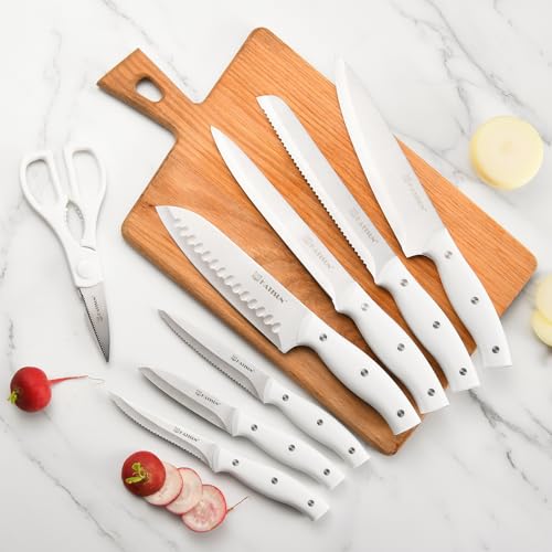 KATISUN 15-Piece White Kitchen Knife Set with Built-in Sharpening Stone, Ergonomic Triple Rivet Fixed Handles, Dishwasher Safe - Image 6
