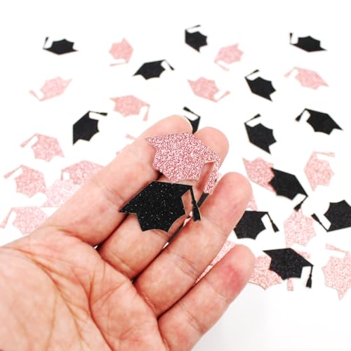 Image of 200PC Black Rose Gold Grad Cap Graduation Confetti for Table Glitter Graduation Hat Table Scatter for Class of 2026 Grad Party Decorations