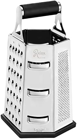 Rainu Kitchen Essential Cheese Grater - 6 Sided Stainless Steel Multi Functional Hand Held Vegetable Grater/Slicer/Zester/Shredder with Non-Slip Rubber Handle & Base for Home & Professional Kitchen