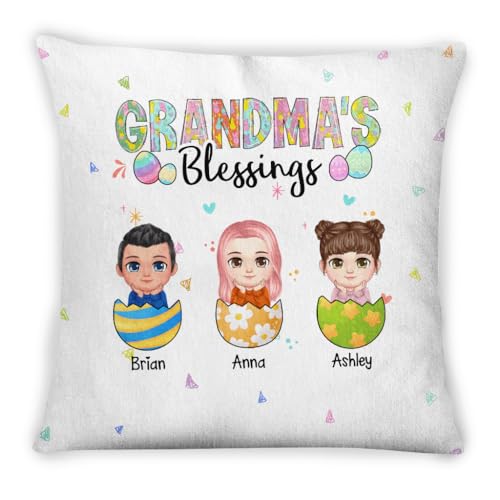Unique Gifts for Grandma, Grandma's Blessings Easter Eggs Funny 3 Kids, Personalized Square Pillow, Gifts for Nanny Grandma from Mom Dad Family, Sofa Couch Cushion, Gifts for Easter Day