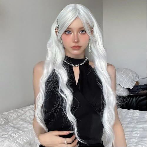 Perruque synthétique longue ondulée blanche pour cosplay et fête d'Halloween