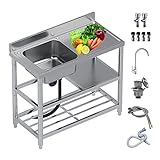 【Nutzwasserspülen-Set】Die Doppelschichten können Reinigungsausrüstung und Zubehör aufbewahren, und der verstärkte Tisch kann zum Schneiden von Schweinekoteletts und Steaks usw. verwendet werden. Der geräumige Abtropfer bietet Ihnen genügend Platz, um alles zu trocknen. Es verfügt auch über 2 Küchenmesserhalter.
