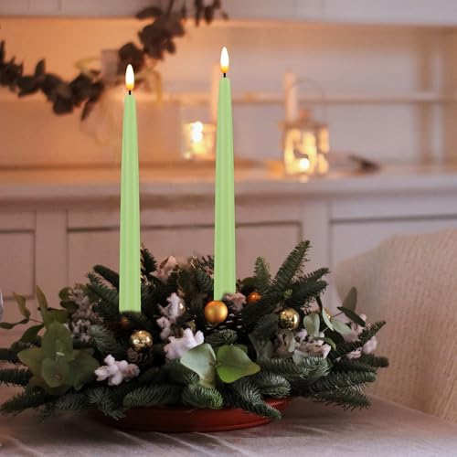 Image of CVHOMEDECO. Flameless Taper Candles with 10-Key Remote, Battery Operated Led Flickering 3D Wick Window Candles Real Wax Finished Home Christmas Party Decor 0.78 x 11 Inch, Pack of 2, Light Green