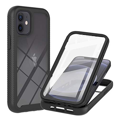 Image of Sawiqpd iPhone 12 Mini Case with Built-in Screen Protector, 360 Full Body Protective Cover Heavy Duty Anti-Scratch Shockproof Slim Silicone Bumper Clear Phone Case for iPhone 12 Mini 5.4", Black