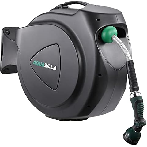 AQUAZILLA Retractable Garden Hose Reel 65FT +6FT 5/8", Durable Wall Mounted Water Hose Reel- Smooth Automatic Rewind, Lock Hose in Any Lenght, 180° Swival Bracket, 9 Pattern Sprayer. Cover