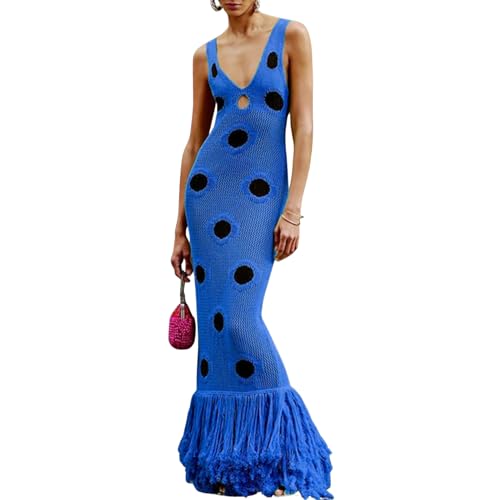 Women Dress Knitted Polka Dot Long Sexy Hollow Out Tassel Night Club Evening Party Beach Holiday Dress