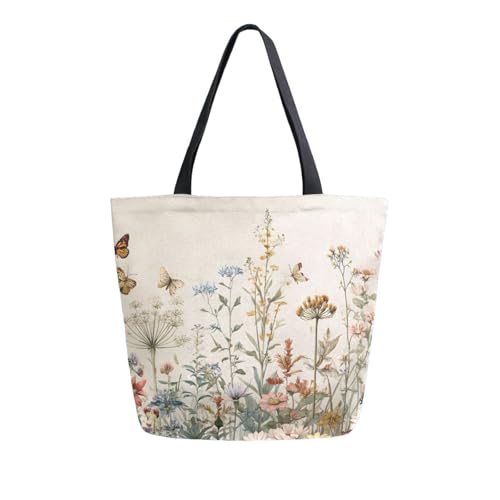 Extra Large Shoulder Tote Bag for Beach Travel Weekender Gym Vintage Wildflowers Butterfly Red Pink Beige Reusable Grocery Canvas Shopping Bag2
