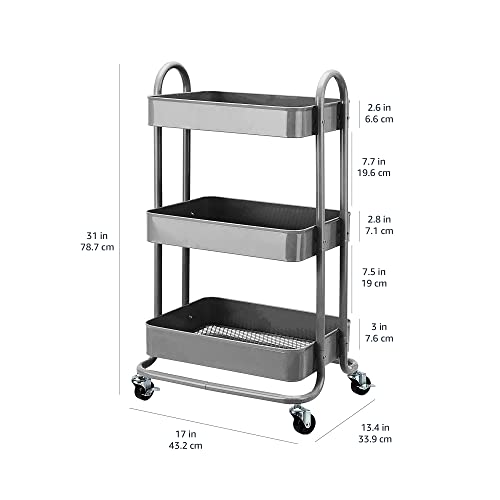 Image of Amazon Basics 3-Tier Rolling Utility or Kitchen Cart, Lockable Wheels, Multifunctional Storage, Mobile Shelving Unit, Metal Storage Organizer, Charcoal
