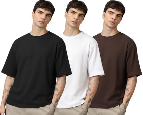 Image of RodZen Oversized Baggy Fit Half Sleeves Round Neck Solid Cotton Blend Combo T-Shirt for Men (Pack of 3)