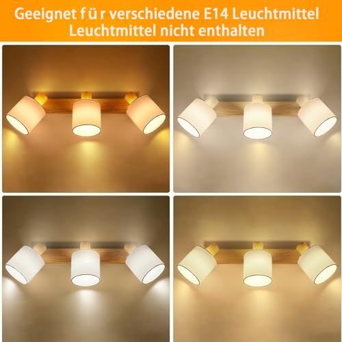Glitzerlife Deckenlampe 3 Flammig Deckenstrahler Holz - LED Deckenleuchte Vintage Deckenspot E14 Boho Lampe Schwenkbar 350° Spot Retro für Schlafzimmer Küche Flur MAX.25W (ohne Leuchtmittel)