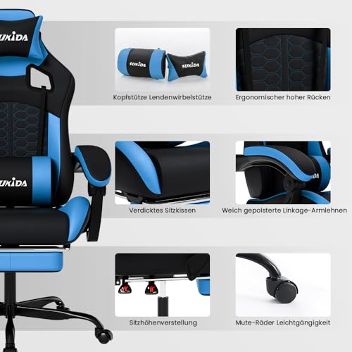 Detailansicht der 4D verstellbaren Armlehnen am SUKIDA Gaming Chair - Detailansicht von SUKIDA Gaming Stuhl Fußstütze...