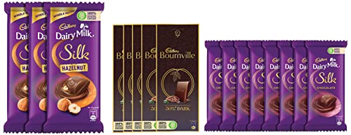 Image of Cadbury Bournville Rich Cocoa Dark Chocolate Bar, 80 Gm (Pack Of 5) & Dairy Milk Silk Hazelnut Chocolate Bar, 143 G (Pack Of 3) & Cadbury Dairy Milk Silk Chocolate Bar, 60G (Pack Of 8)