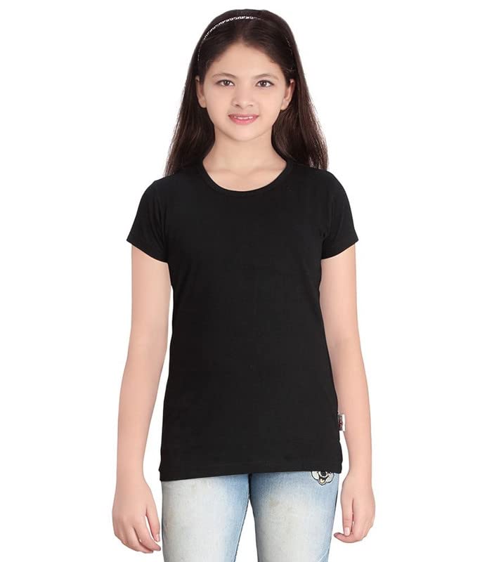 Image of Plain Casual Black Cotton Round Neck Half Sleeve Girls T-Shirt