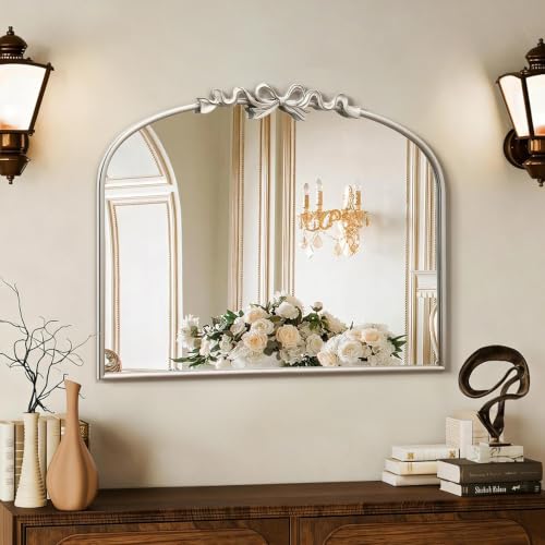 Image of Besdomus Vintage Arched Large Mirror: 36 inchx29 inch Silver Bow Decorative Mirror | French Baroque Metal Framed - Traditional Ornate for Entryway /Fireplace /Bathroom /Living Room - Ideal for Home Renovations