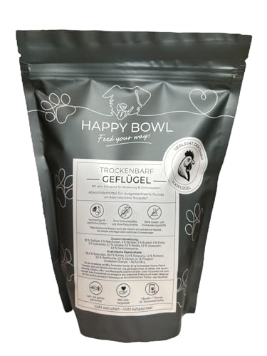 Happy Bowl - Trockenbarf Geflügel - Alleinfuttermittel für Hunde auf Basis natürlicher Inhaltsstoffe - Trockenfutter, Nassfutter oder Barf-Ersatz (500g (1er Pack))