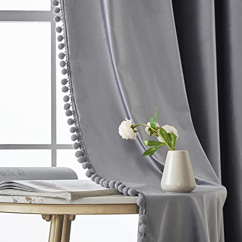 MIULEE 2 Panels Velvet Curtains Blackout Pom Pom Thermal Insulated drop Curtain Pair Eyelet Room Darkening Drapes Grommet for Living Room Kids Bedroom Nursery 46" W x 54" L Grey