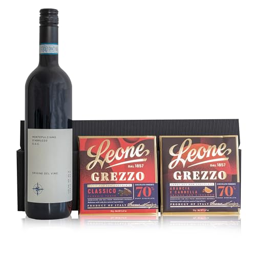The Wine Guys Geschenk-Set „Bella Culinaria“ mit Wein und Schokolade in einem Geschenkkarton | Italienischer Rotwein Montepulciano mit edler Leone Zartbitterschokolade 60% Cacao und 40% Cacao